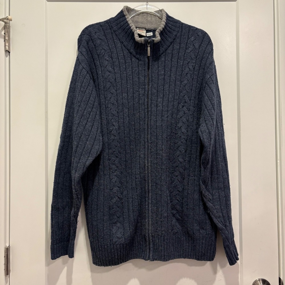 Columbia XCO Mens XL Blue Wool Blend Full Zip Ribbed Cable Knit Sweater XM2134